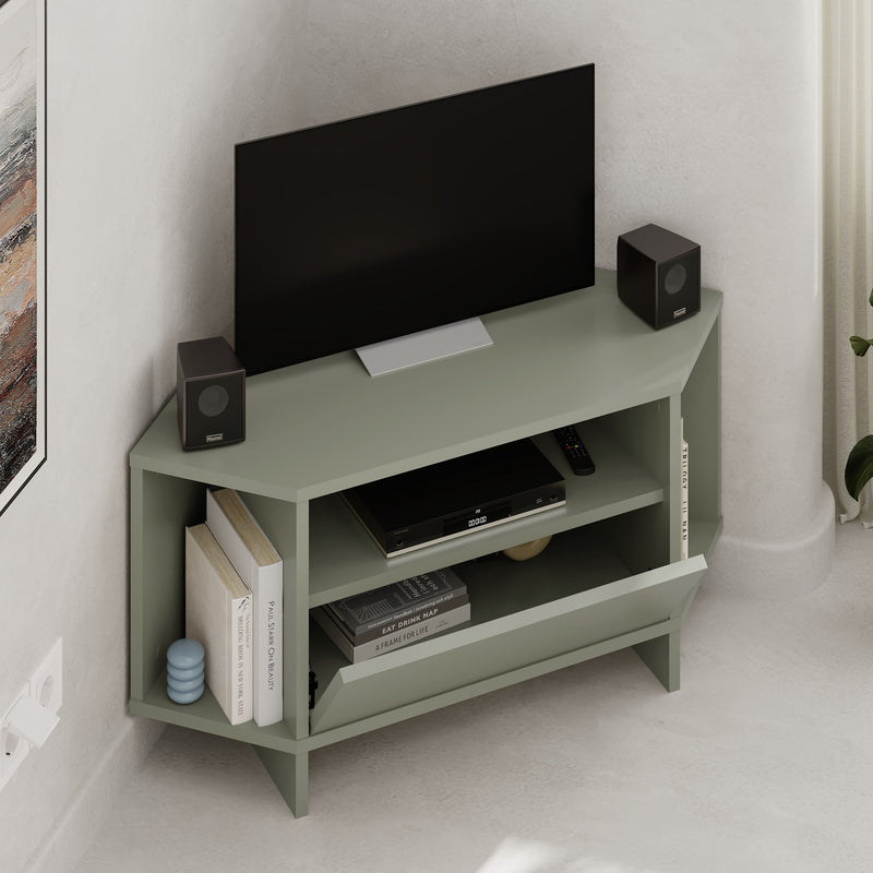 Viva Corner TV Unit – open storage compartment view – compact corner TV stand – Decortie