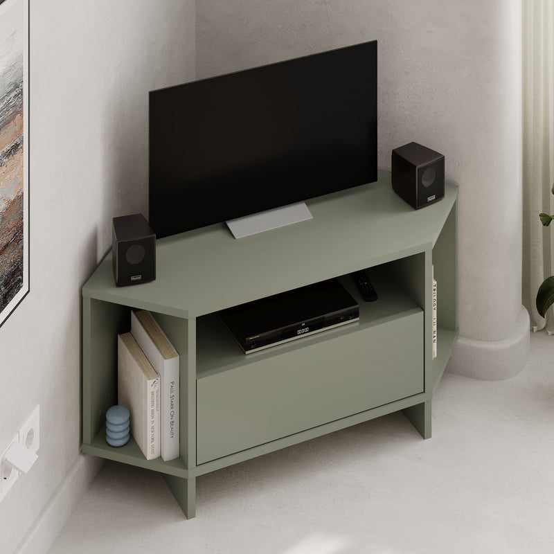 Viva Corner TV Unit – styled living room setting – compact corner TV stand – Decortie