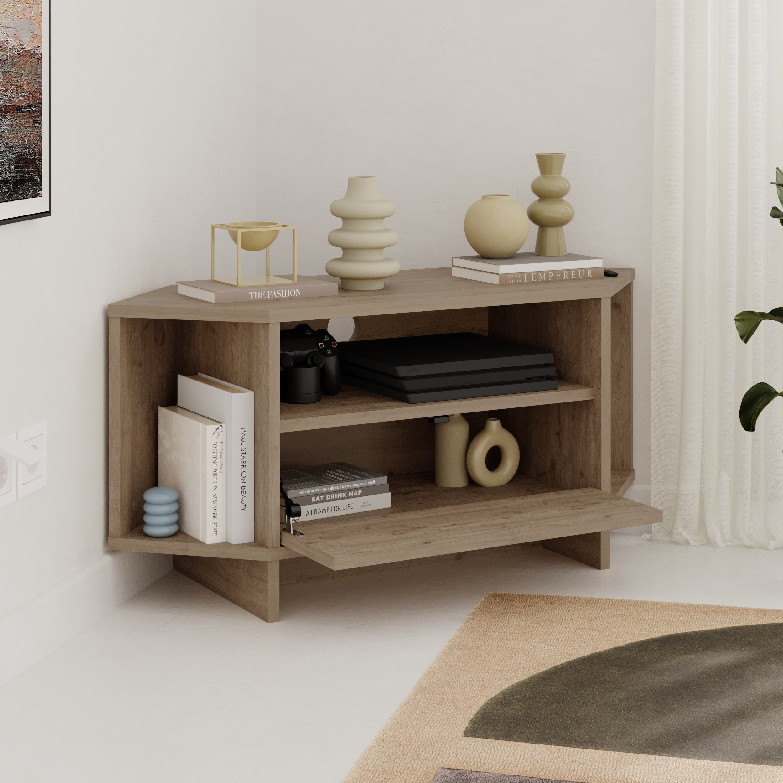 Modern Viva Corner TV Unit – Compact Corner Stand with Shelves & Cabinet for 40-Inch TVs – Natural Oak