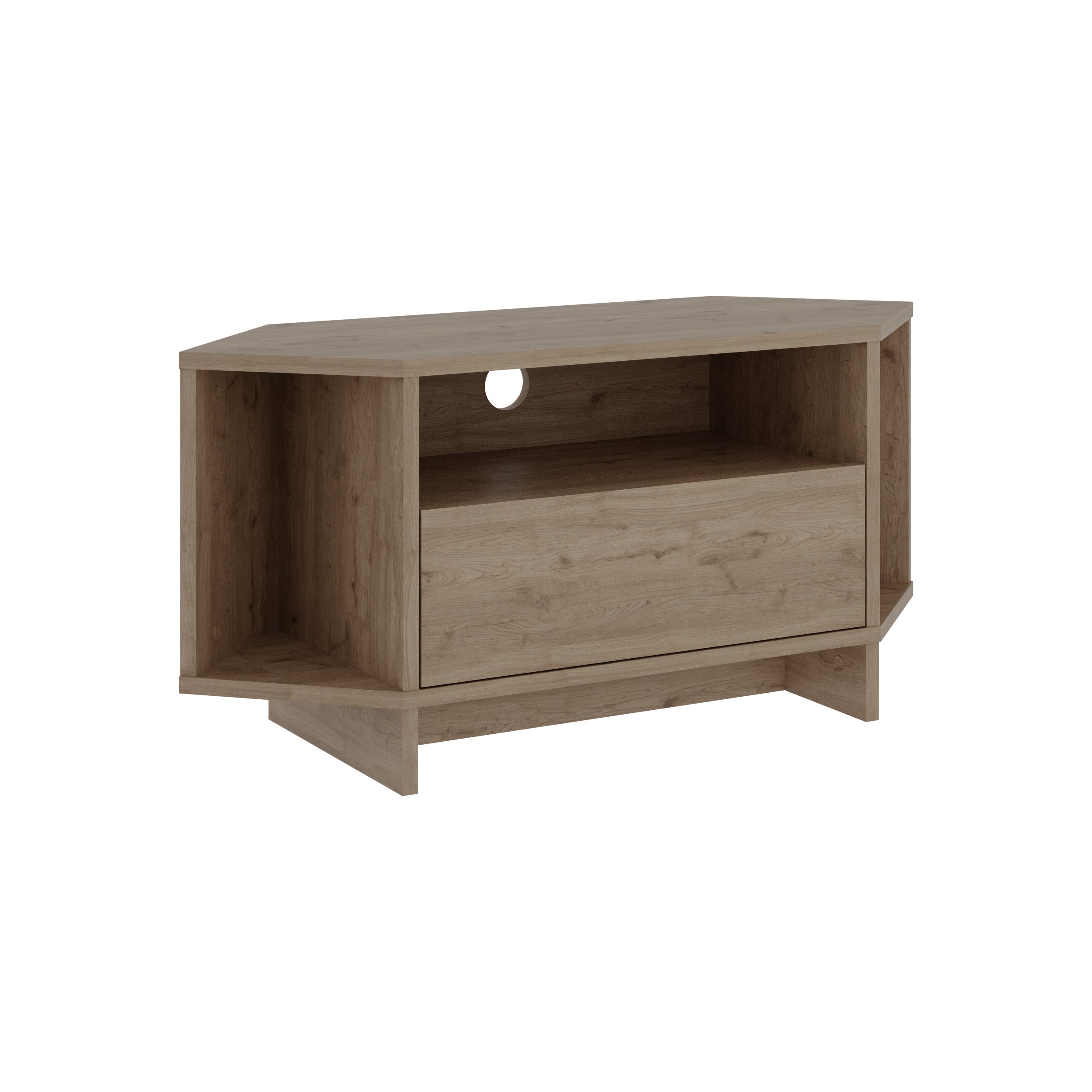 Modern Viva Corner TV Unit – Compact Corner Stand with Shelves & Cabinet for 40-Inch TVs – Natural Oak