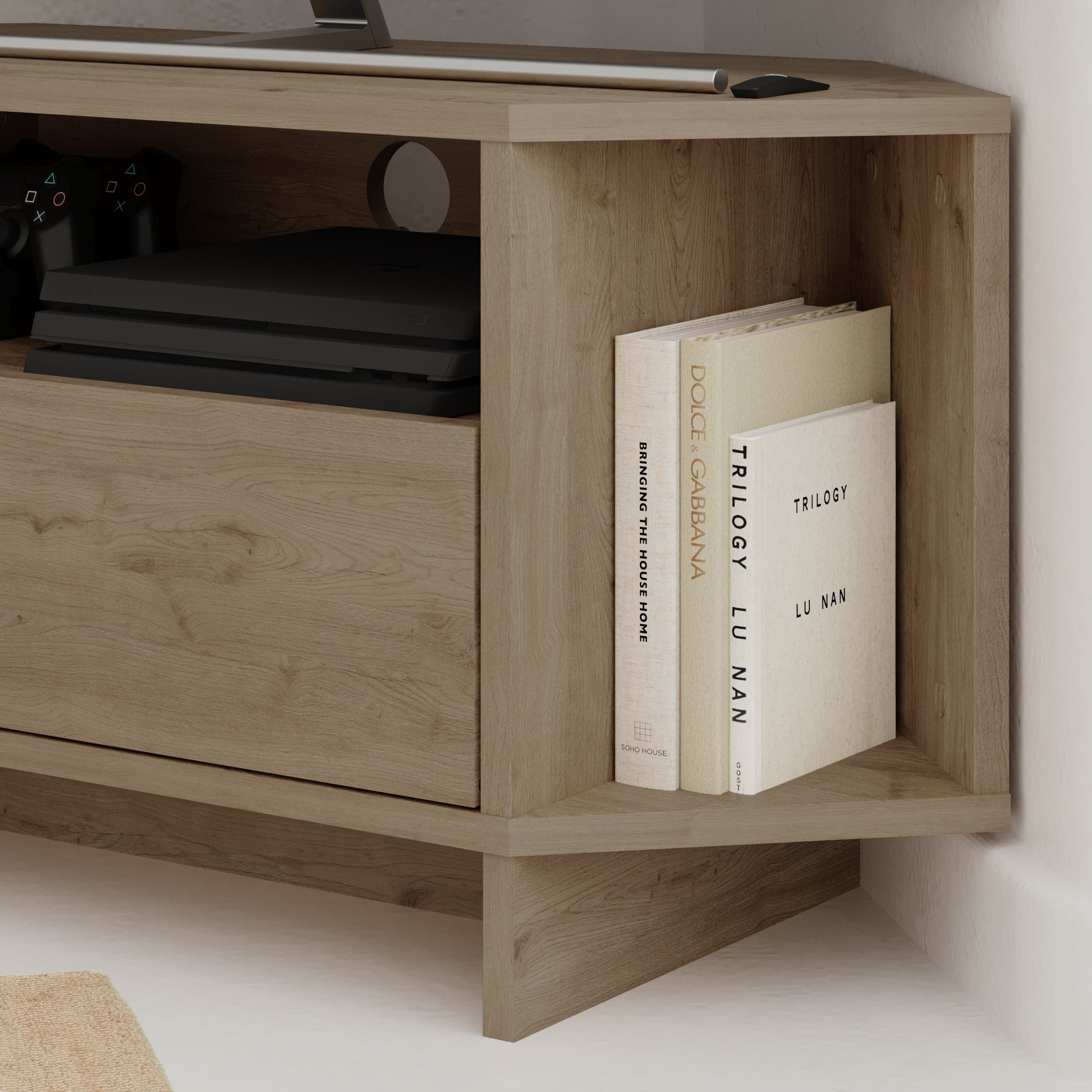 Modern Viva Corner TV Unit – Compact Corner Stand with Shelves & Cabinet for 40-Inch TVs – Natural Oak