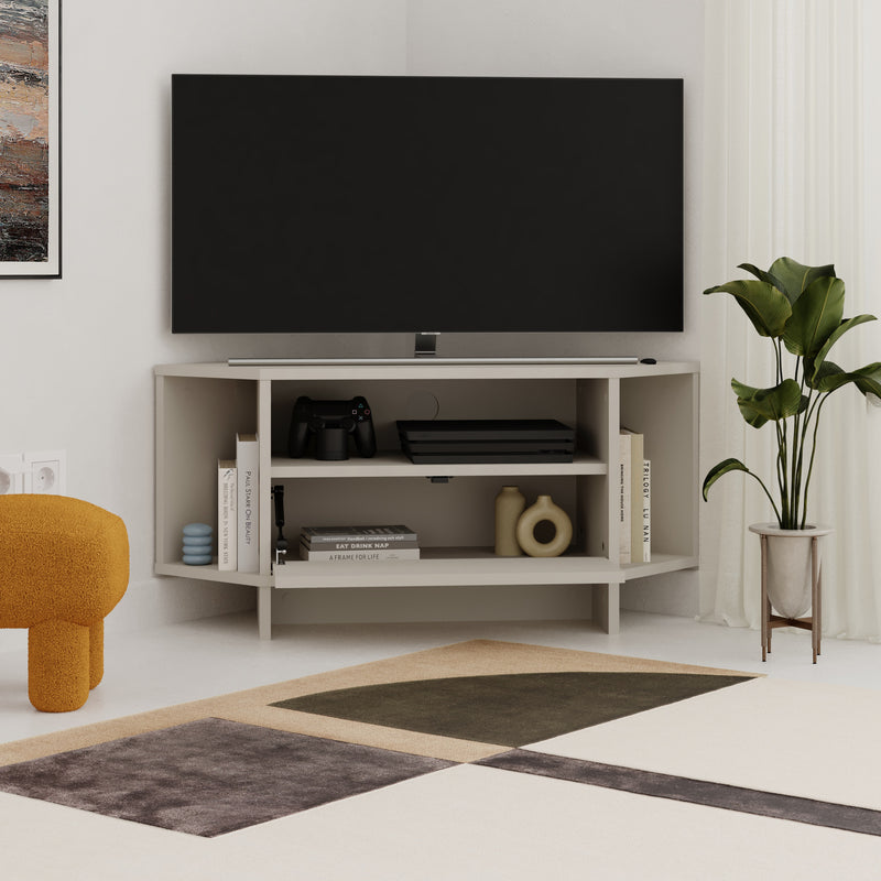 Viva Corner TV Unit – compact corner TV stand with shelves and cabinet – Decortie
