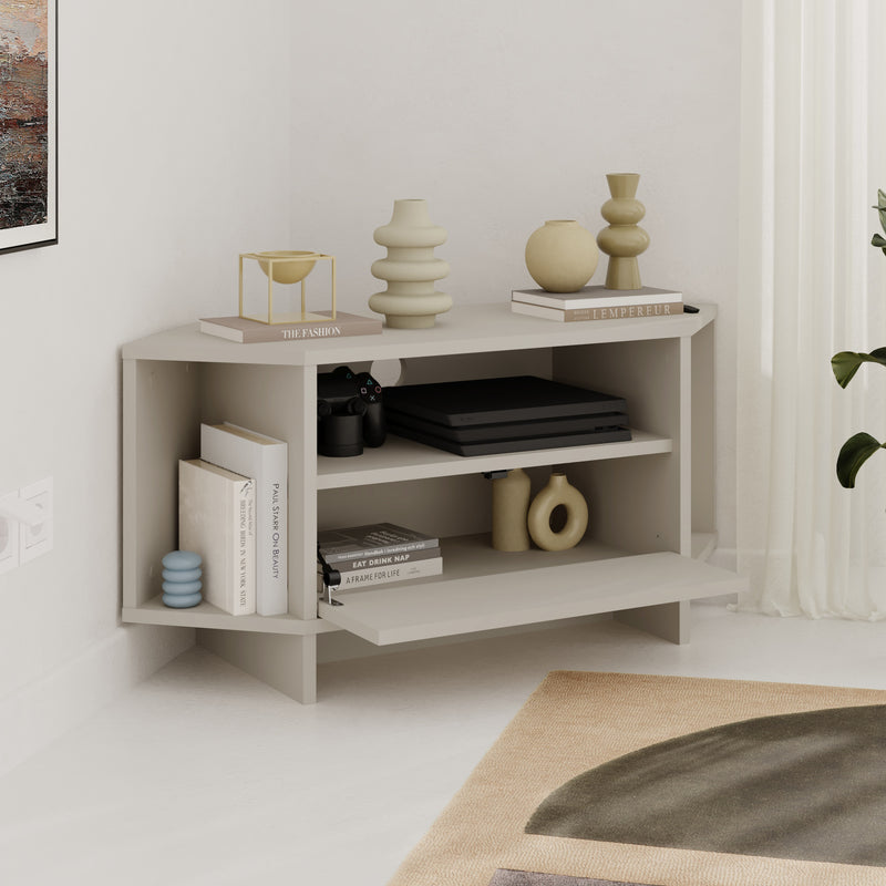 Viva Corner TV Unit – open storage compartment view – compact corner TV stand – Decortie