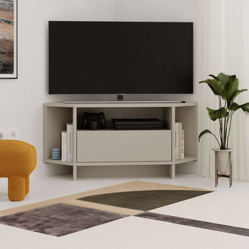 Viva Corner TV Unit – styled living room setting – compact corner TV stand – Decortie