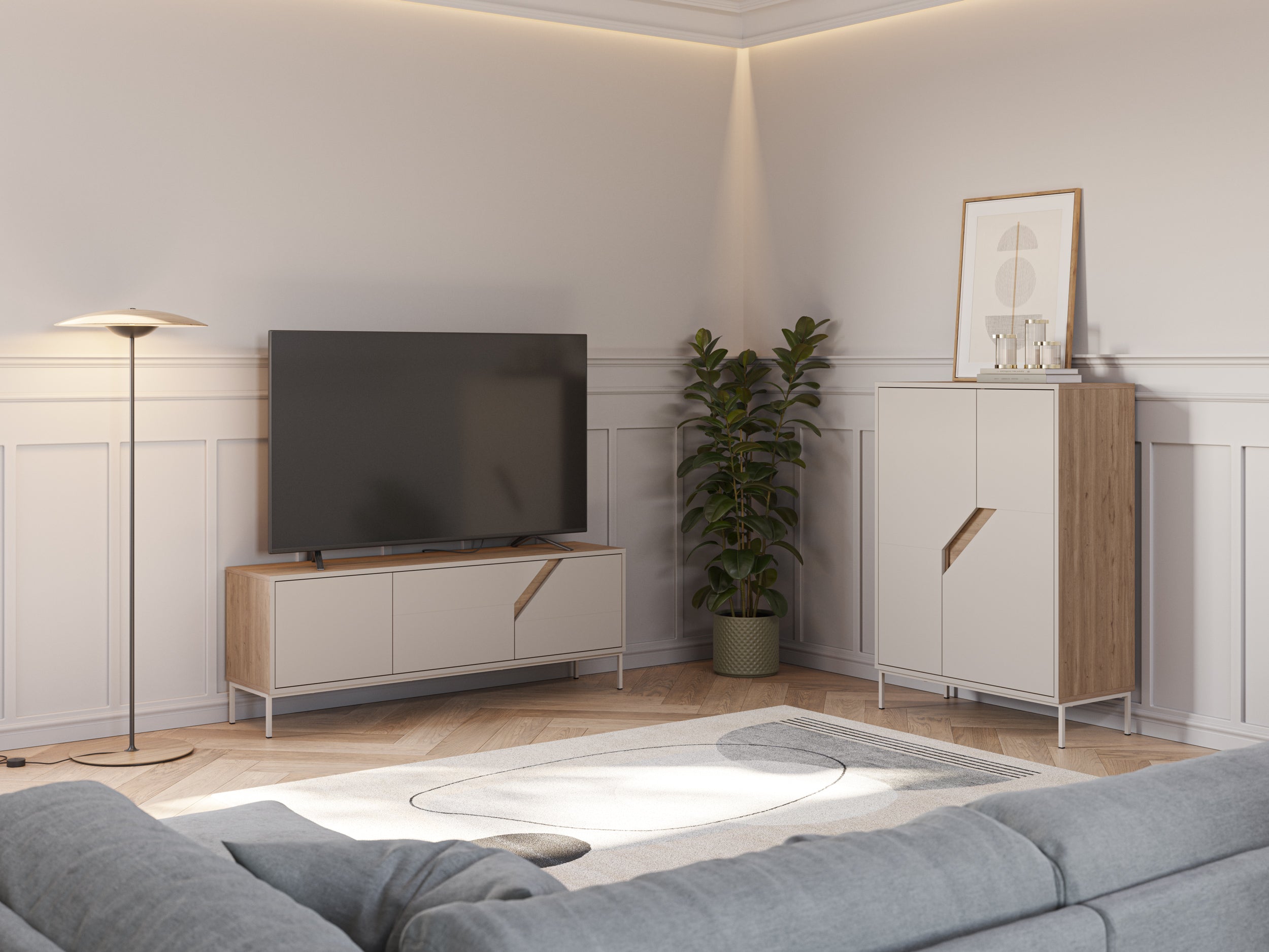 Vesco Modern TV Stand with 3 Door Storage 150cm – Oak,Sandstone