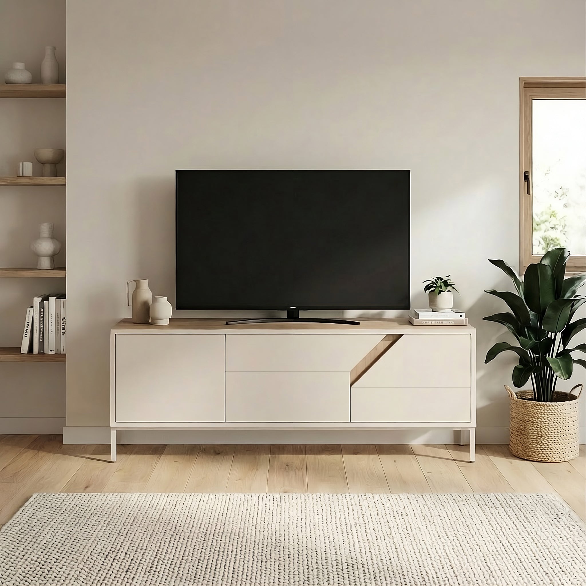 Vesco Modern TV Stand with 3 Door Storage 150cm – Oak,Sandstone