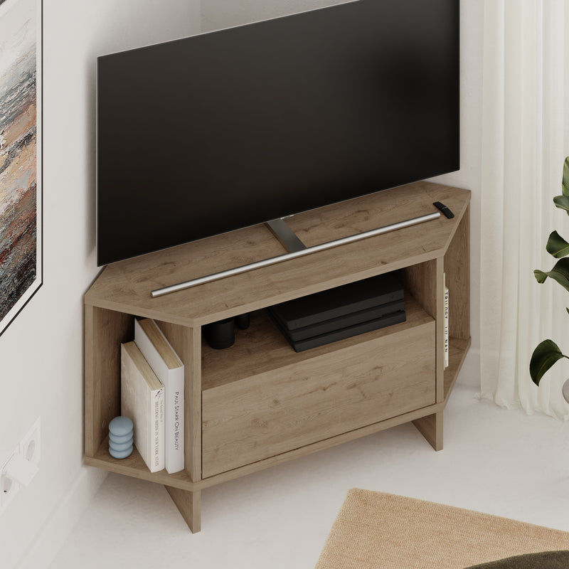 Modern Viva Corner TV Unit – Compact Corner Stand with Shelves & Cabinet for 40-Inch TVs – Natural Oak