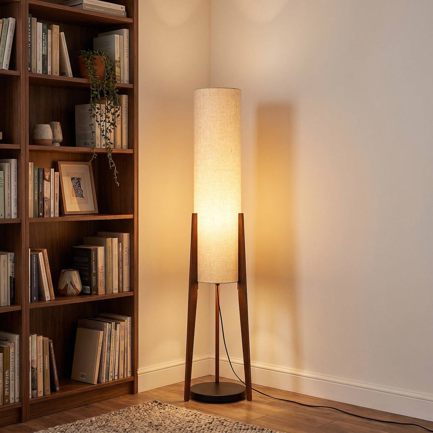 Tripod Floor Lamp 130cm | Natural Linen Shade, Dark Wood Legs