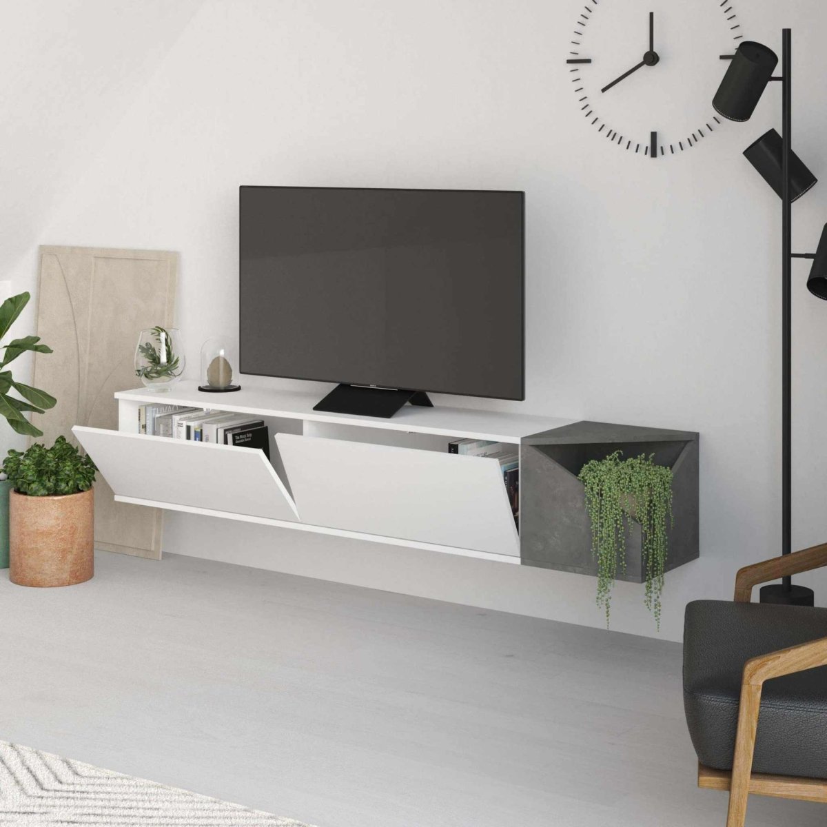 Aulos Modern Floating TV Stand Multimedia Centre With Storage - TV Stand - Decortie - Retro Grey,White - 