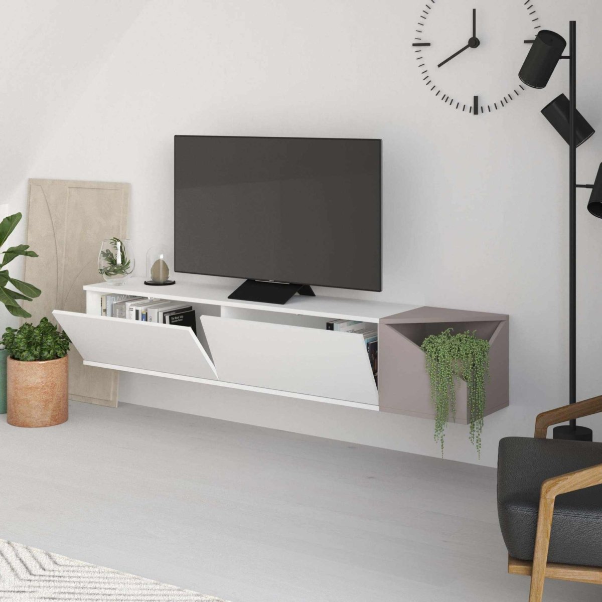 Aulos Modern Floating TV Stand Multimedia Centre With Storage - TV Stand - Decortie - Retro Grey,White - 