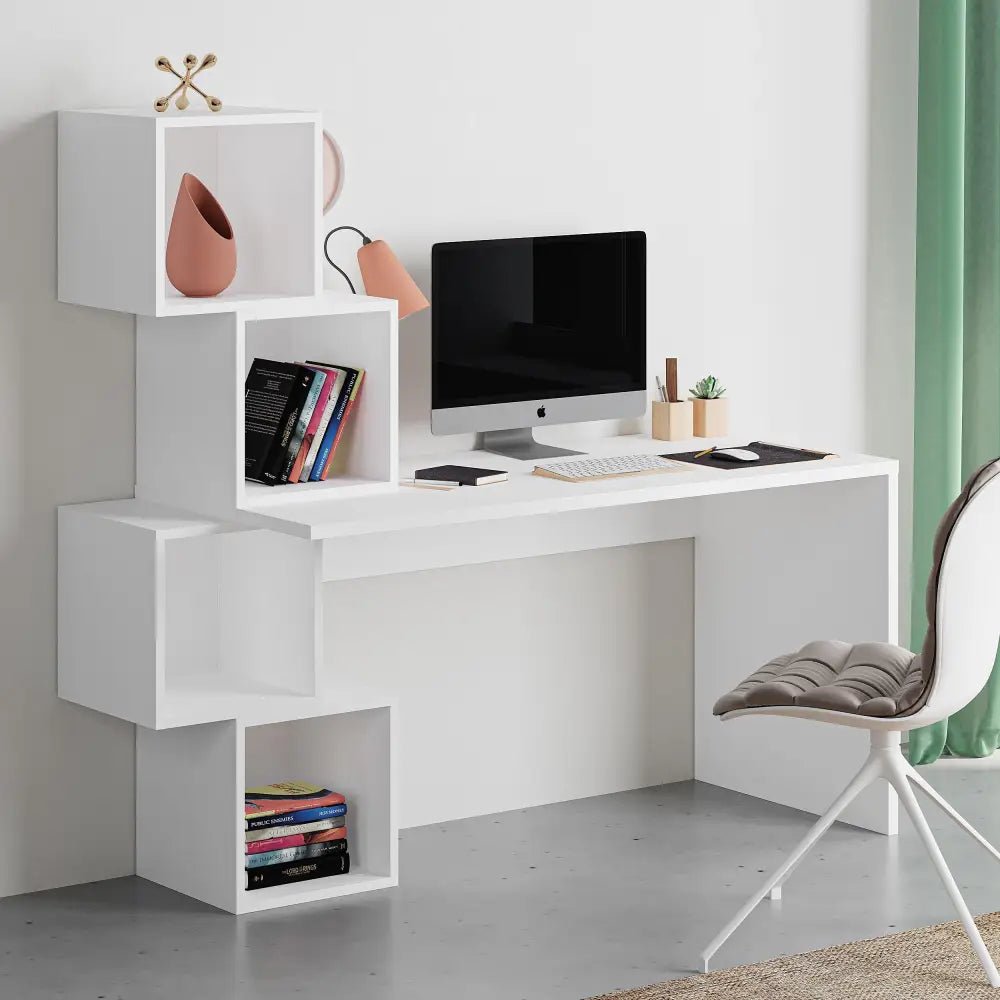 Balance Modern Desk With Shelves Width 153.5cm - Working Table - Decortie - White - 