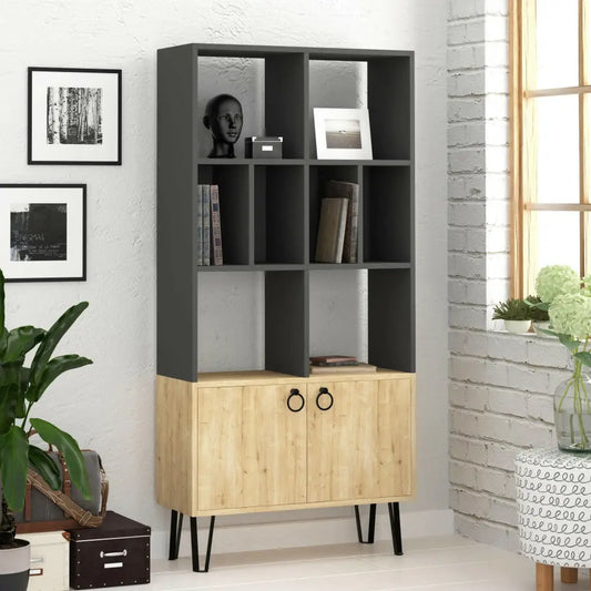 Bene Modern Bookcase Display Unit Tall 166cm - Oak,Anthracite