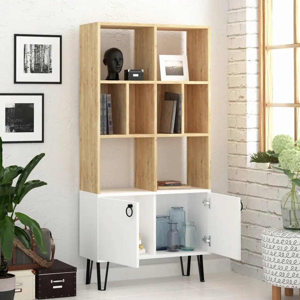 Bene Modern Bookcase Display Unit Tall 166cm - Bookcase - Decortie - Oak,White - 