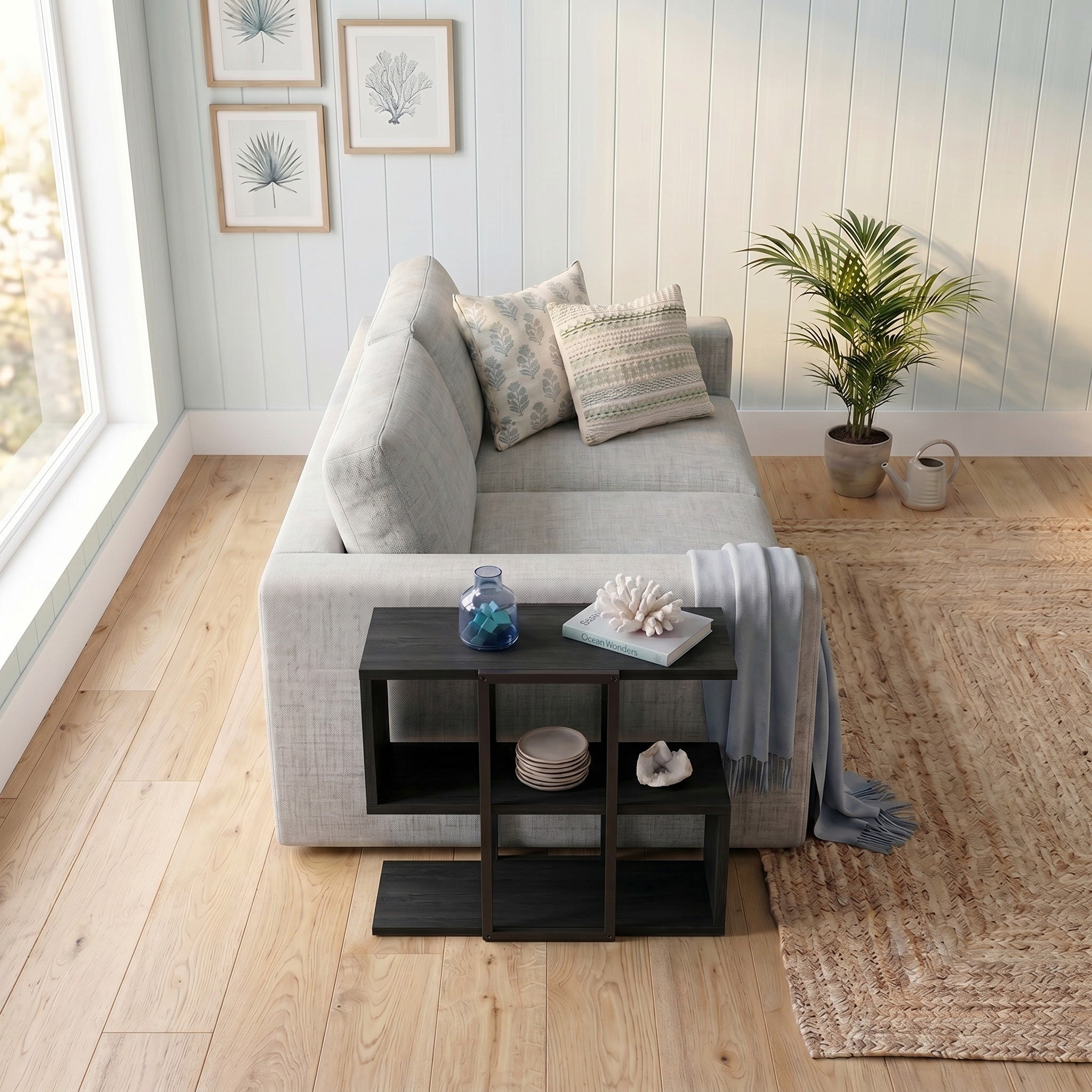 Homia Stepped Side Table with Open Shelves – Living Room End Table – Black Wood