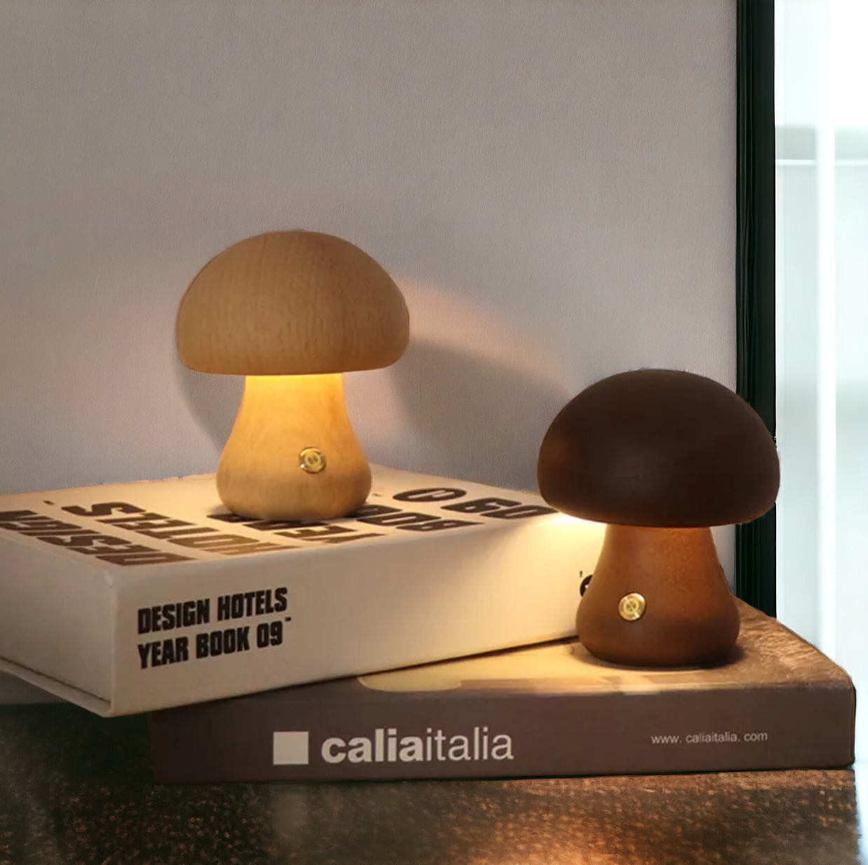 Wooden Mushroom Night Light | Rechargeable Touch Lamp