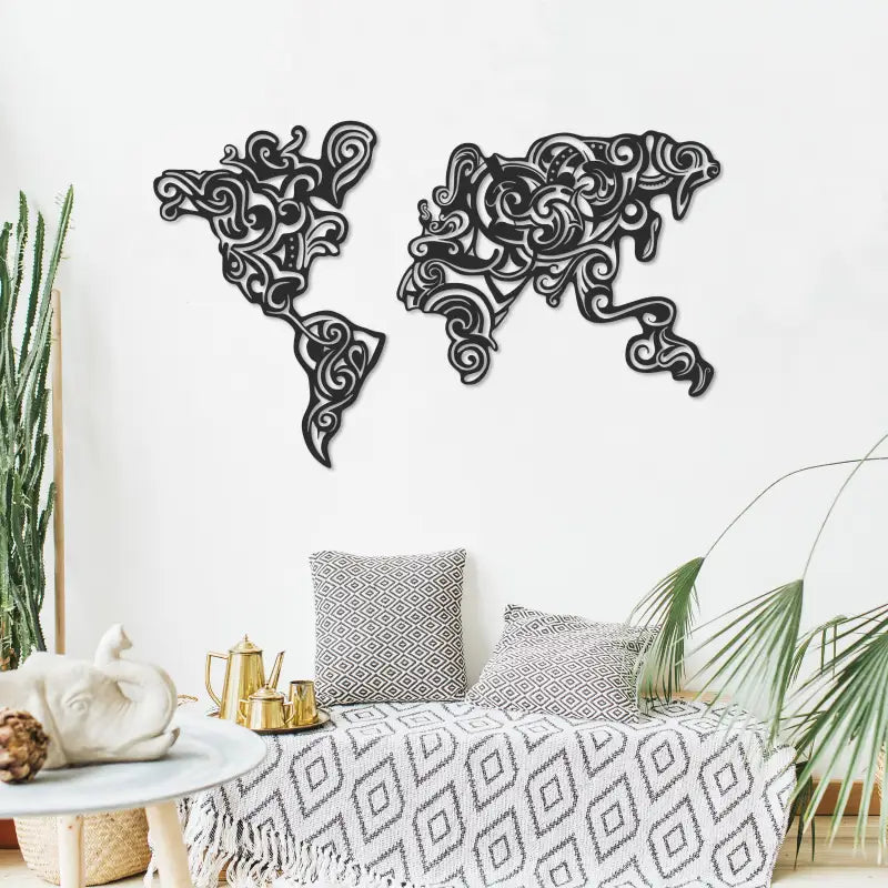 Tribal Metal Wall Art in Black, world map filled with tribal scrollwork