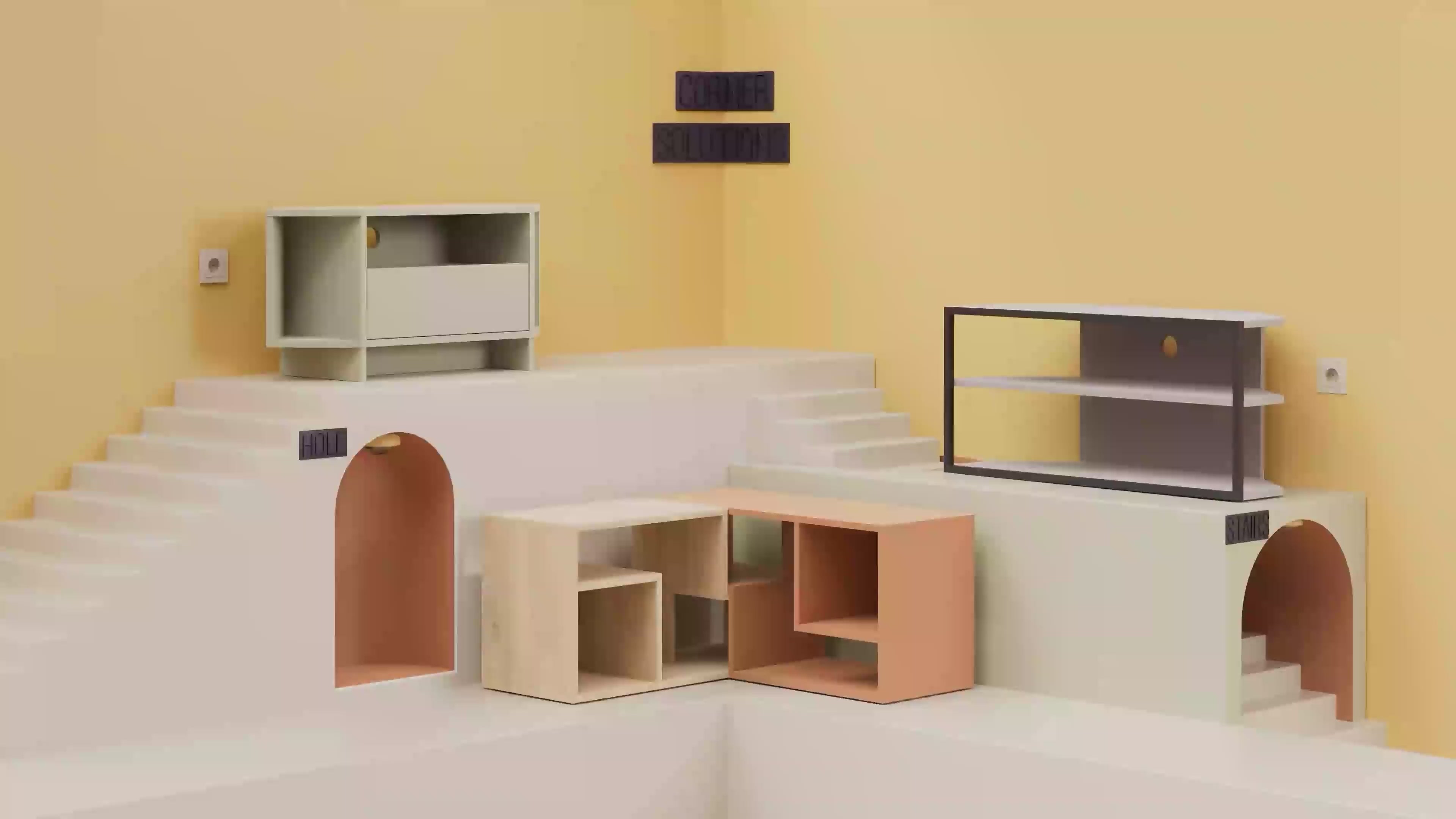 Echo Corner TV Stand – Compact Corner Unit for TVs with Storage Shelves for Living Rooms or Flats – room animation video